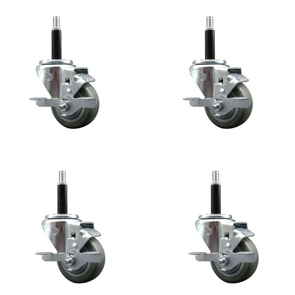 Service Caster 3'' SS Gray Poly Swivel 3/4'' Expanding Stem Caster Set with Brake, 4PK SCC-SSEX20S314-PPUB-TLB-34-4 - main